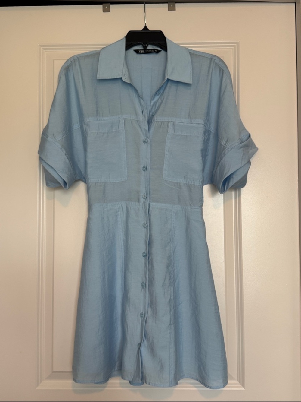Zara Pale Blue Button-Front Shirt Dress